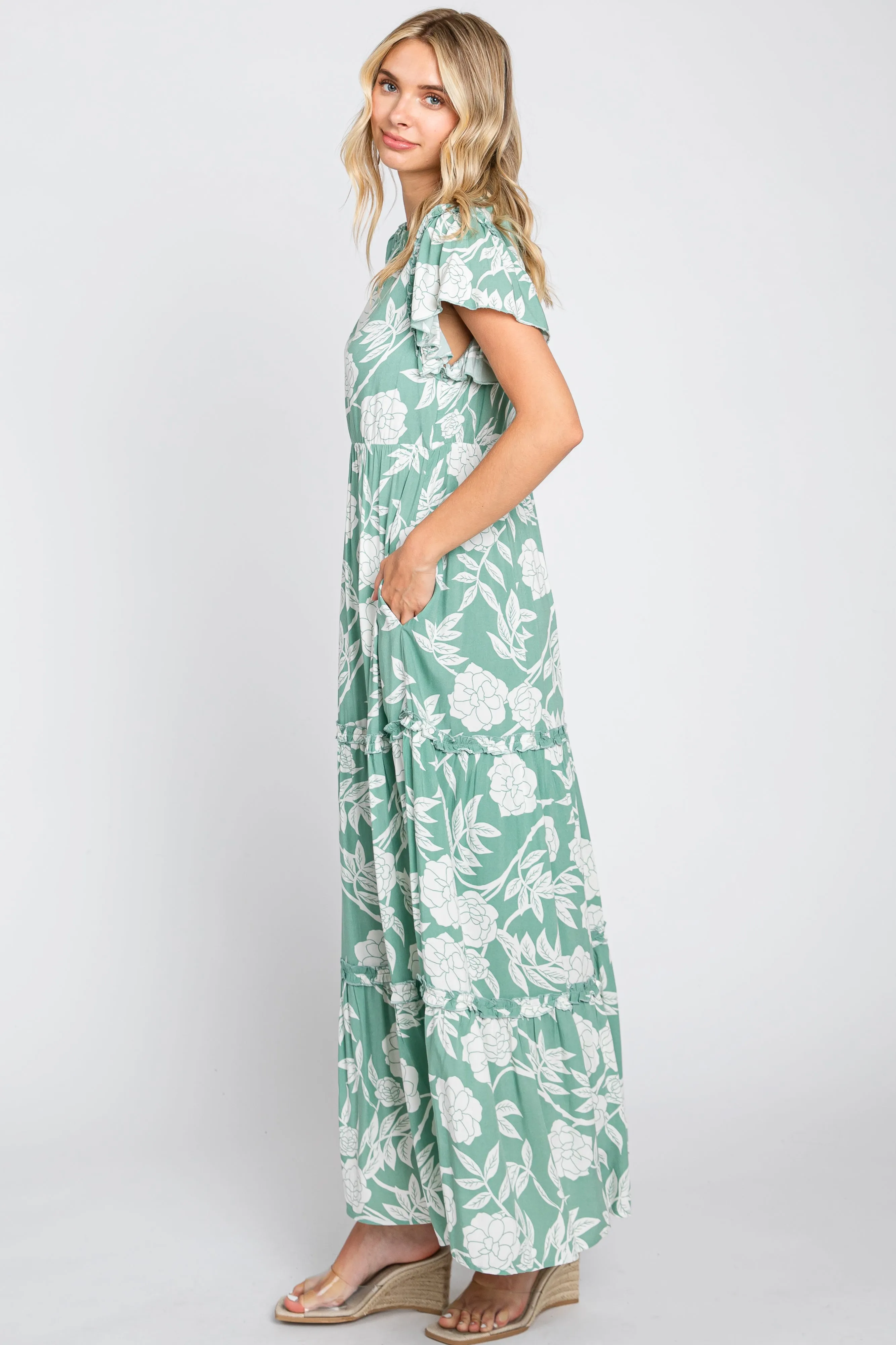Light Olive Floral Tiered Ruffle Accent Maxi Dress sold by Pinkblush product image thumbnail 2