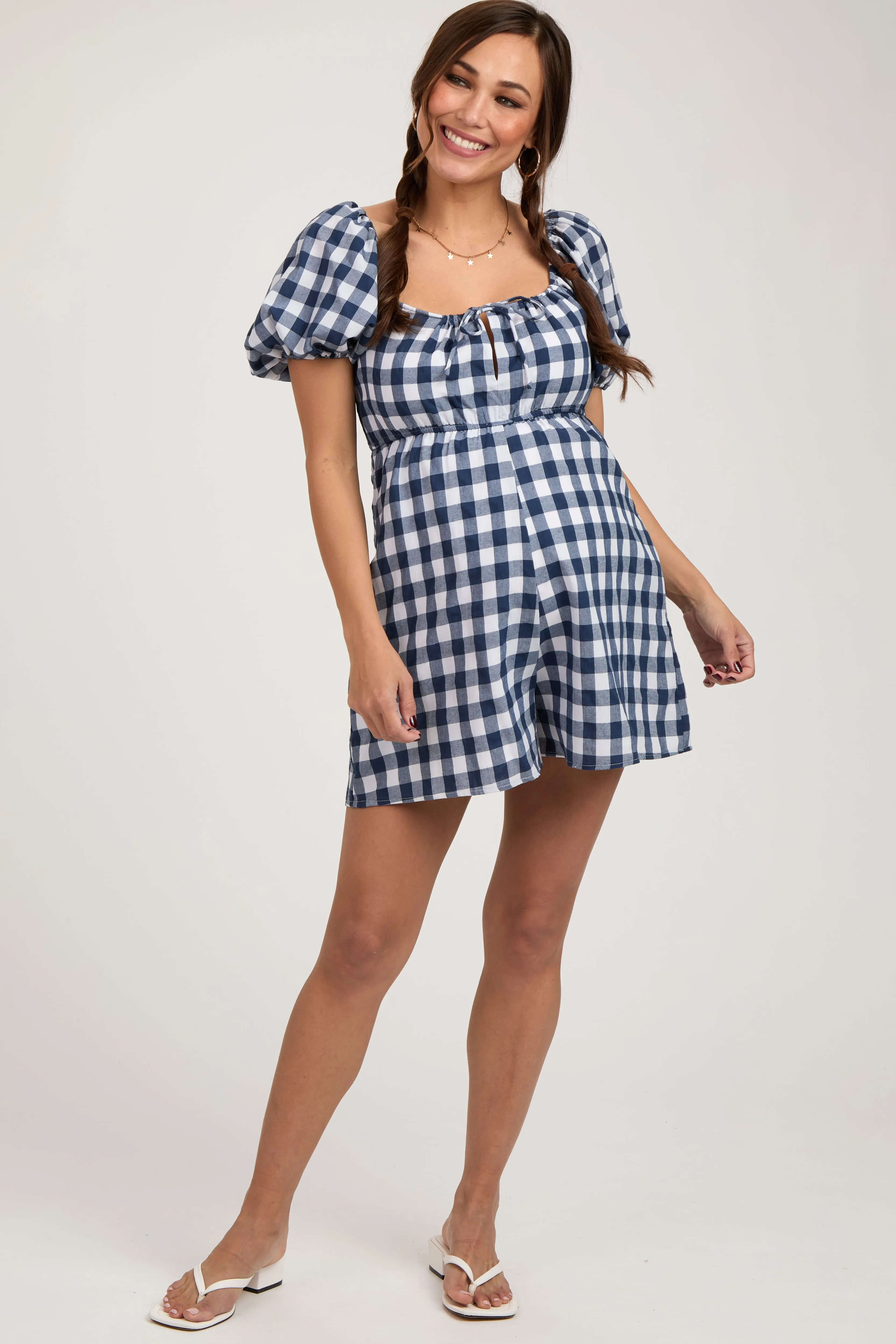 Navy Blue Gingham Cutout Maternity Romper sold by Pinkblush product image thumbnail 2
