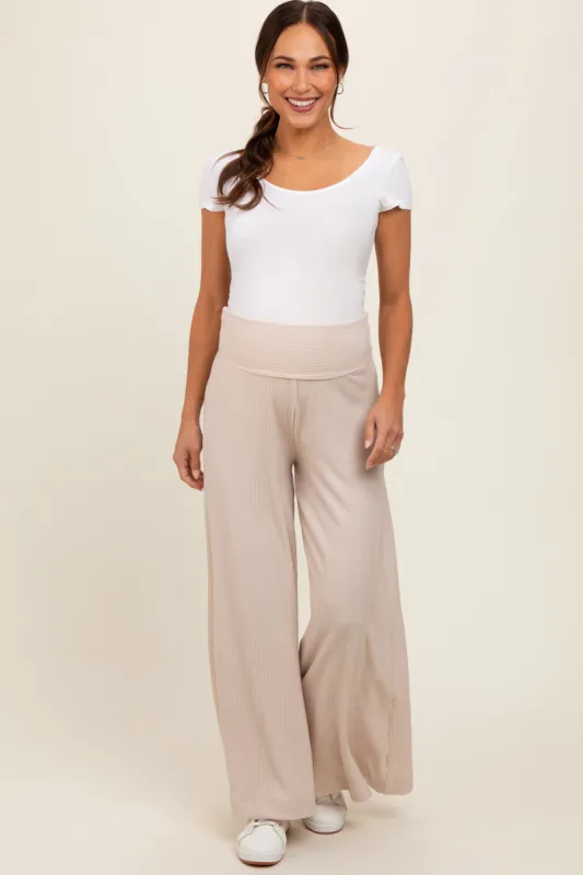 Beige Ribbed Foldover Waist Maternity Wide Leg Pants sold by Pinkblush