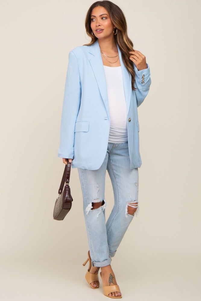 Light Blue Linen Front Pocket Maternity Blazer sold by Pinkblush