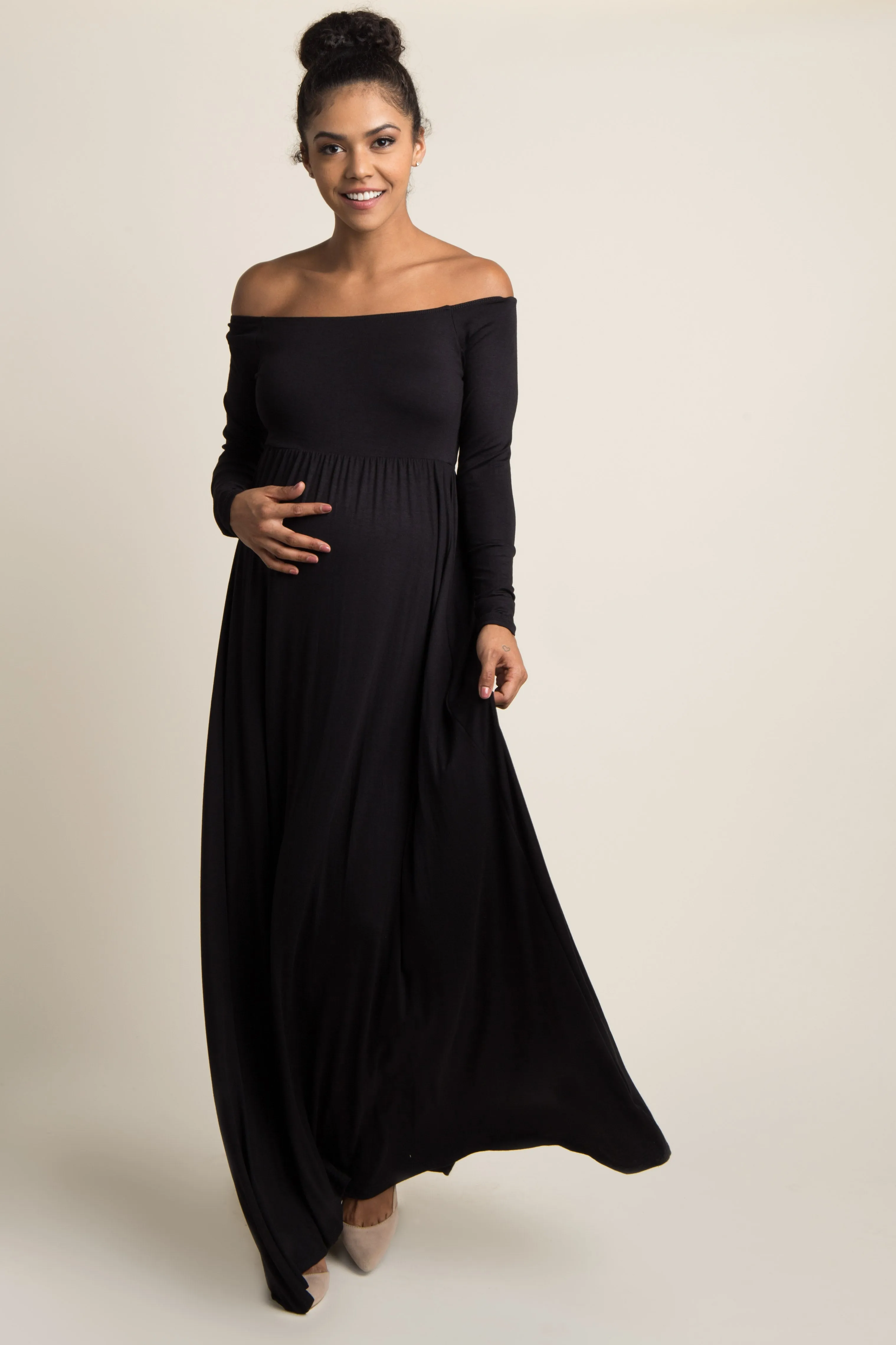 PinkBlush Petite Black Solid Off Shoulder Maternity Maxi Dress sold by Pinkblush product image thumbnail 4