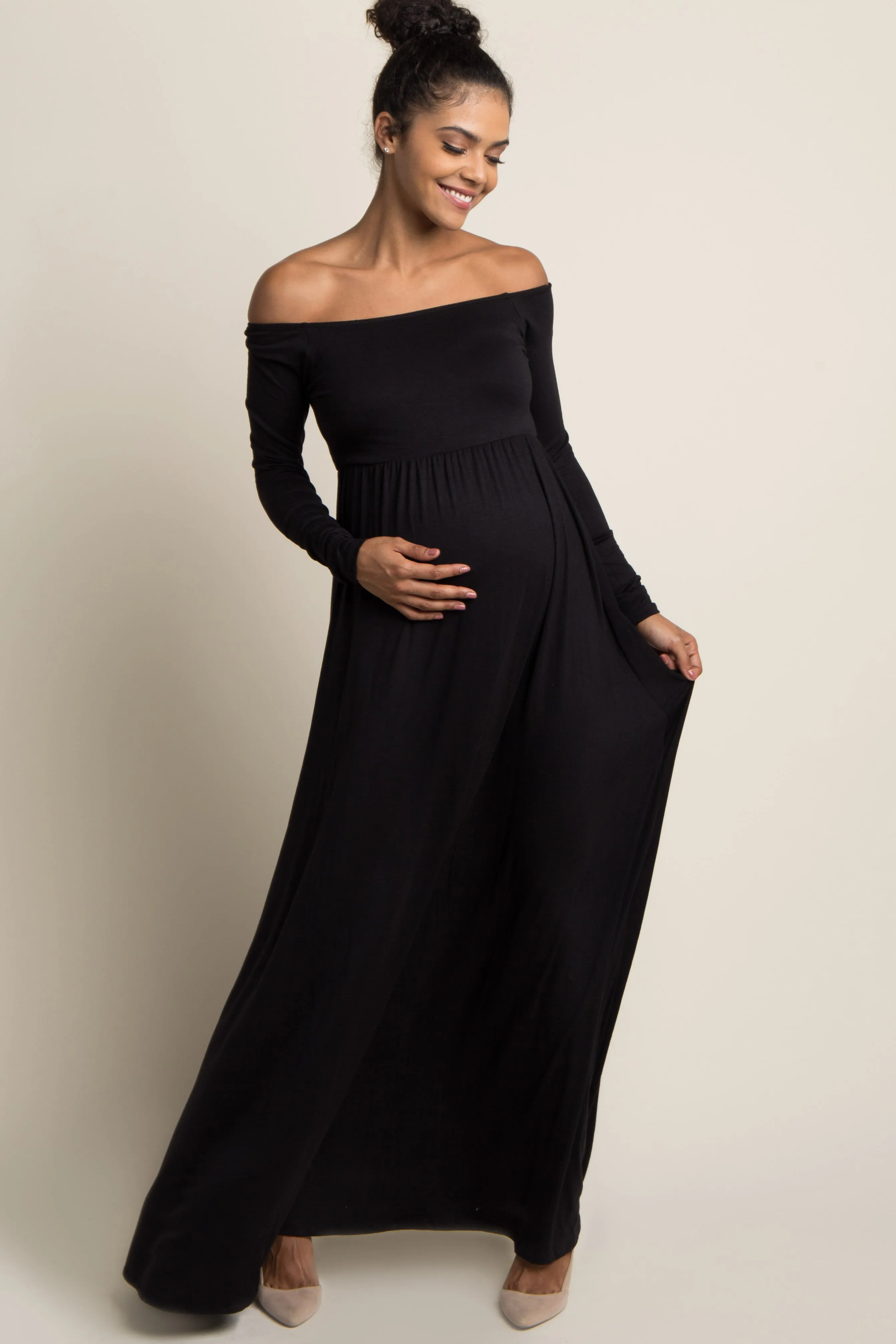PinkBlush Petite Black Solid Off Shoulder Maternity Maxi Dress sold by Pinkblush