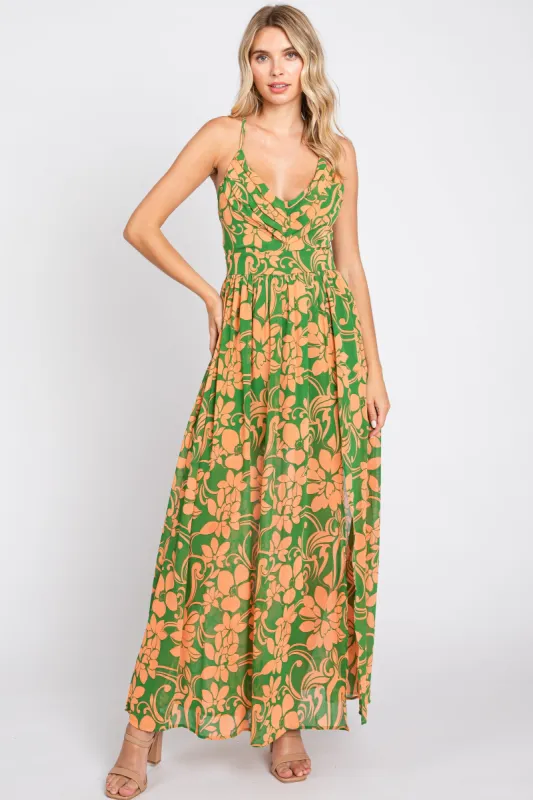 Green Floral Chiffon Pleated V-Neck Sleeveless Maxi Dress sold by Pinkblush