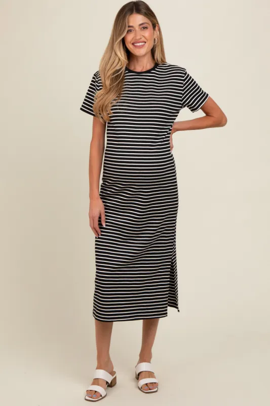 Black Striped Short Sleeve Maternity T-Shirt Midi Dress sold by Pinkblush