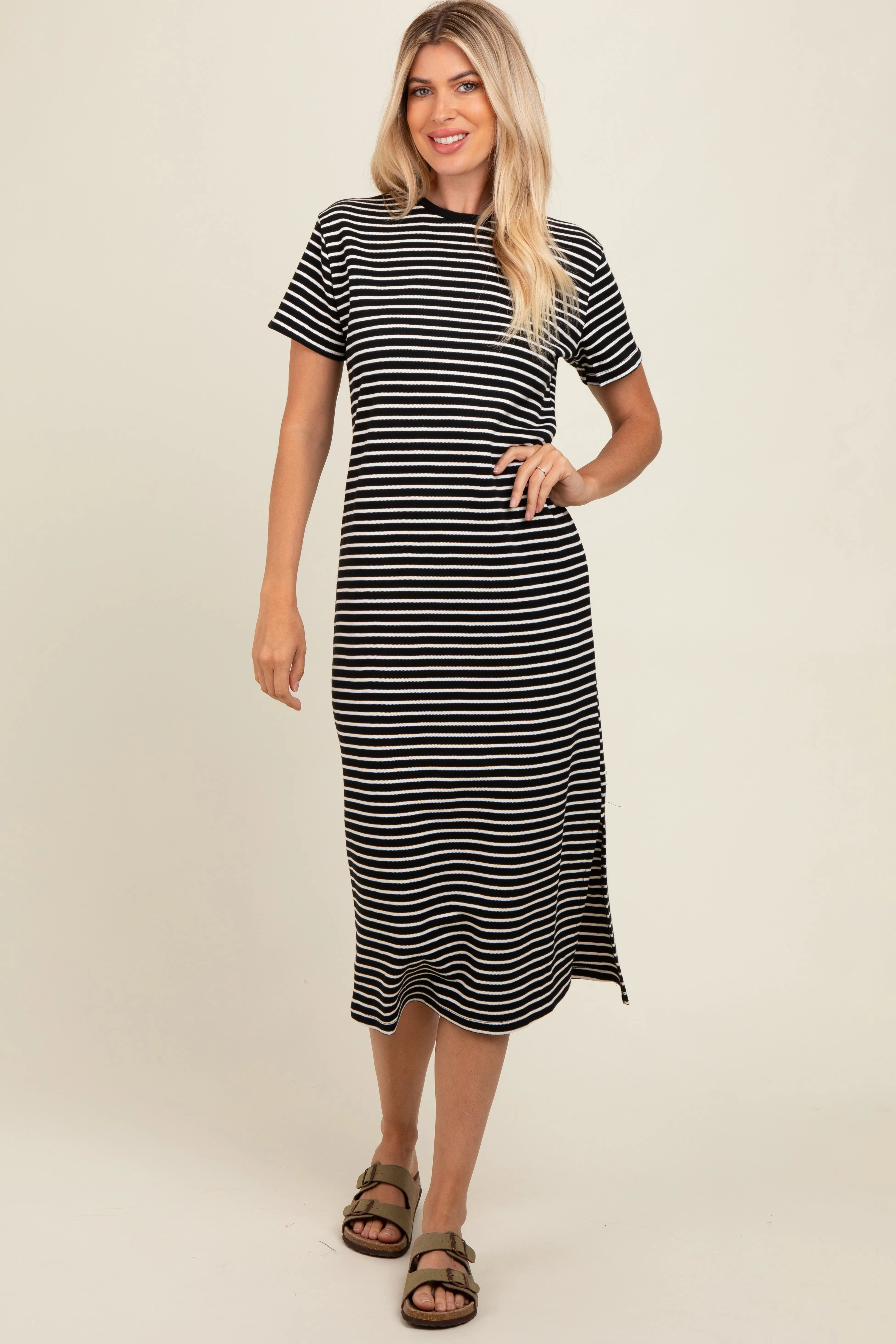 Black Striped Short Sleeve Maternity T-Shirt Midi Dress sold by Pinkblush product image thumbnail 5