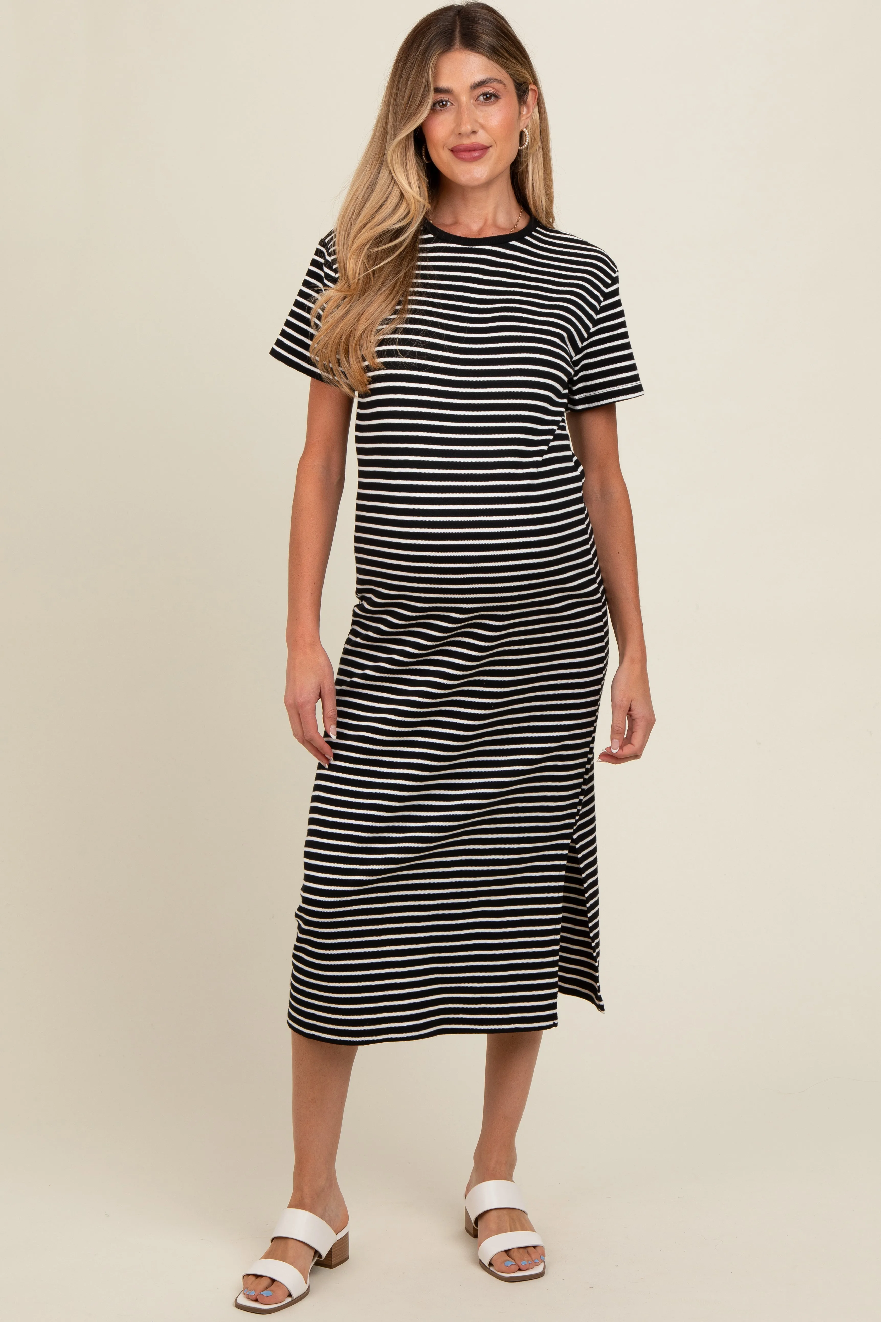 Black Striped Short Sleeve Maternity T-Shirt Midi Dress sold by Pinkblush product image thumbnail 2
