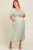 Green Floral Embroidered Smocked Maternity Midi Dress sold by Pinkblush