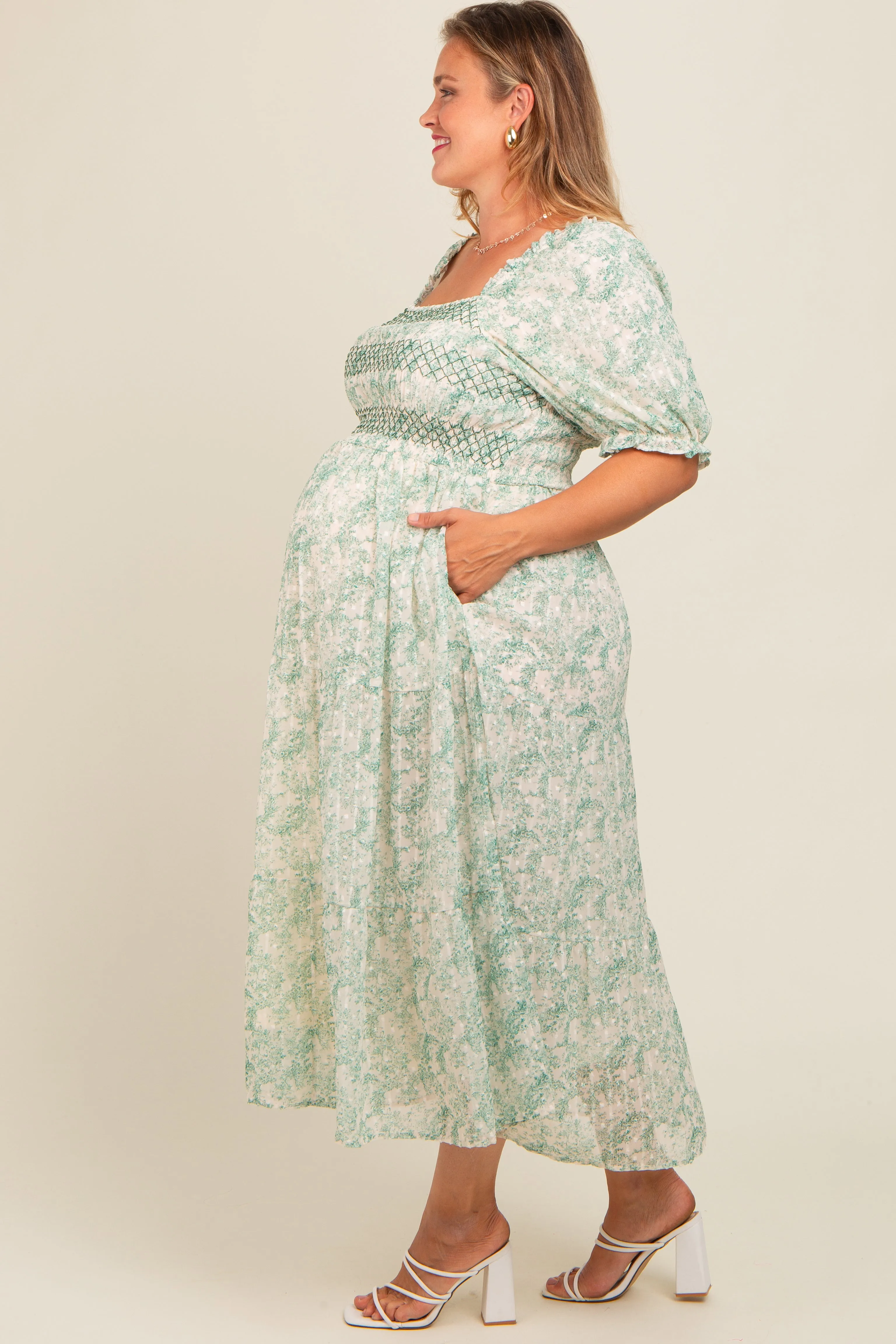 Green Floral Embroidered Smocked Maternity Midi Dress sold by Pinkblush product image thumbnail 2