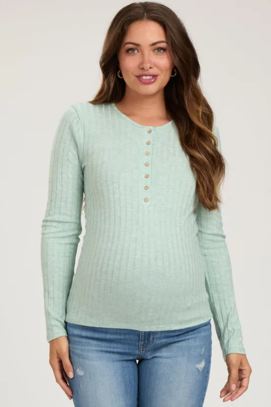 Mint Green Ribbed Knit Button Long Sleeve Maternity Top sold by Pinkblush