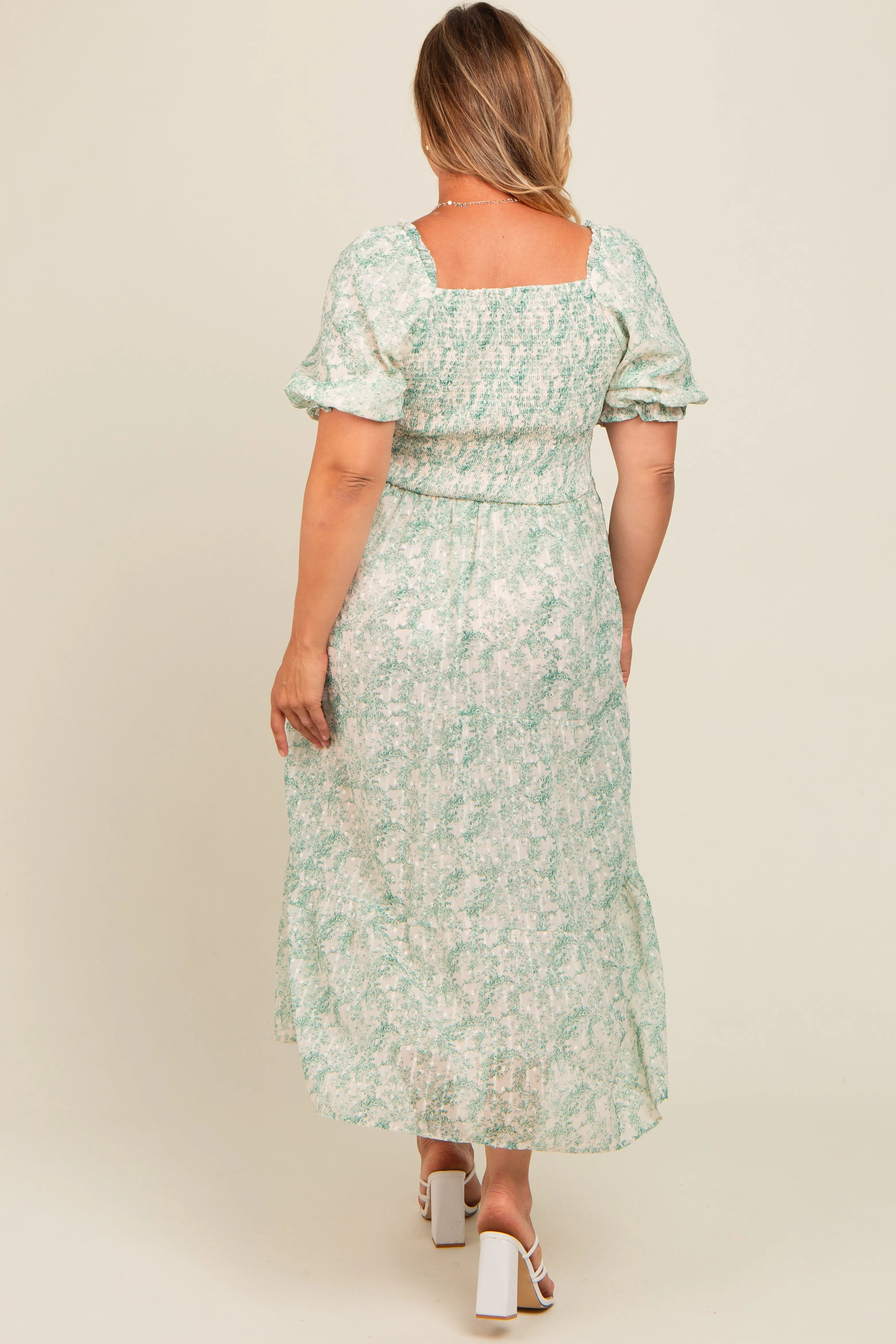 Green Floral Embroidered Smocked Maternity Midi Dress sold by Pinkblush product image thumbnail 3