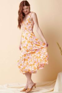 Pink Combo Flower Print Smocking Detail Midi Dress sold by Pinkblush
