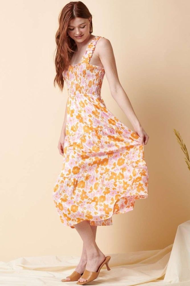 Pink Combo Flower Print Smocking Detail Midi Dress sold by Pinkblush product image thumbnail 2