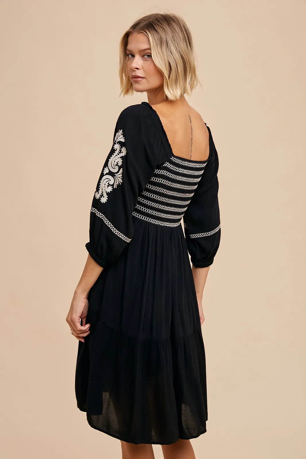 Black Smocked Embroidered Damask Dress sold by Pinkblush product image thumbnail 4
