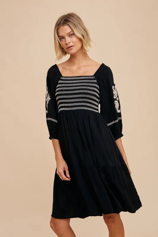 Black Smocked Embroidered Damask Dress sold by Pinkblush