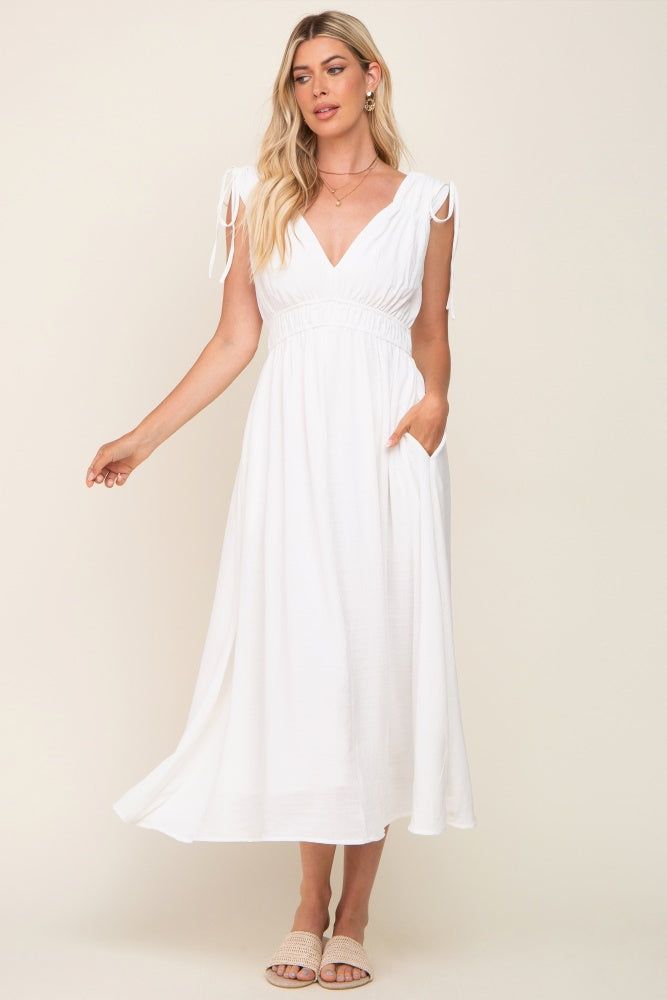 White V-Neck Drawstring Shoulder Maternity Midi Dress sold by Pinkblush product image thumbnail 5