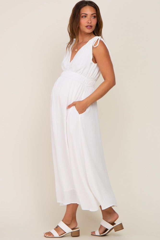 White V-Neck Drawstring Shoulder Maternity Midi Dress sold by Pinkblush product image thumbnail 2