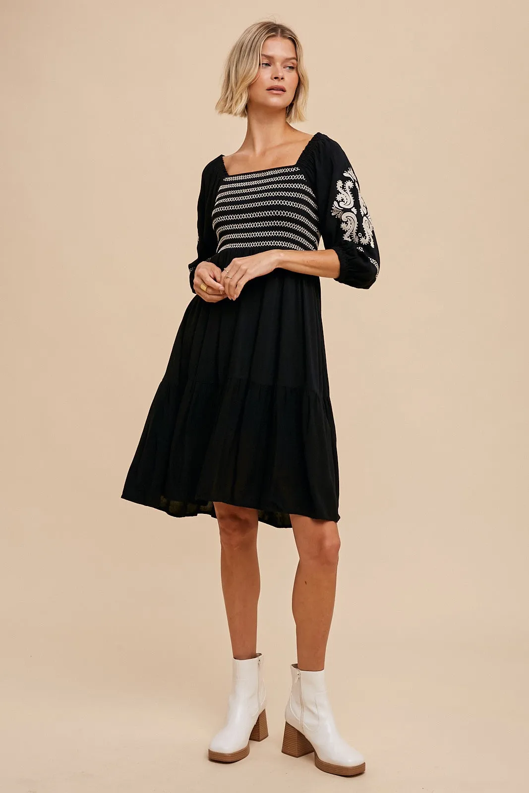 Black Smocked Embroidered Damask Dress sold by Pinkblush product image thumbnail 5