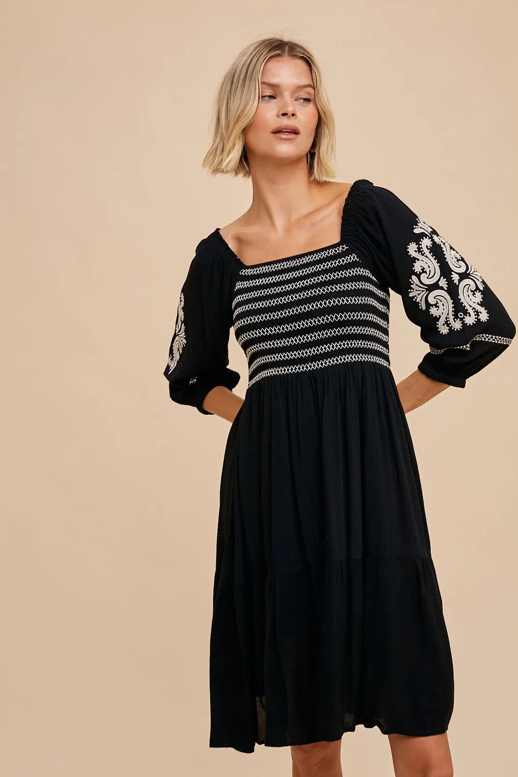 Black Smocked Embroidered Damask Dress sold by Pinkblush product image thumbnail 2