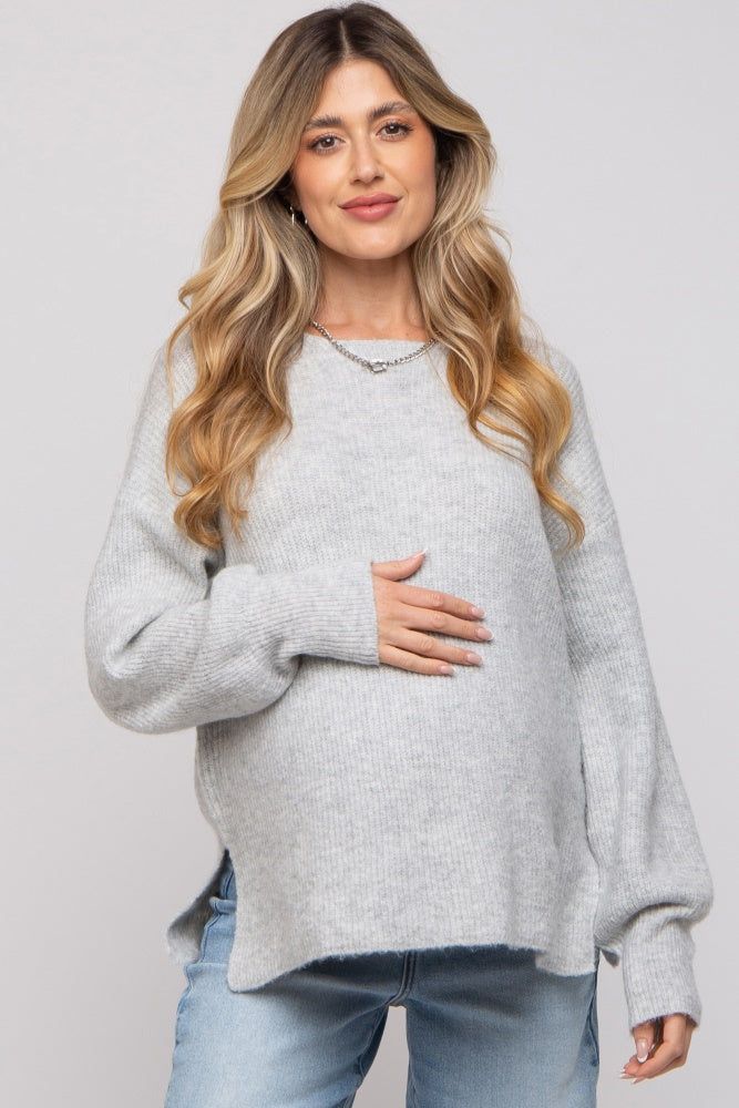 Heather Grey Soft Knit Lace Up Back Maternity Sweater sold by Pinkblush