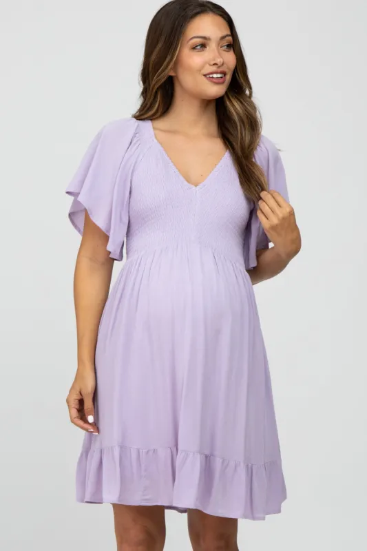 Lavender Smocked Front Ruffle Hem Maternity Dress sold by Pinkblush