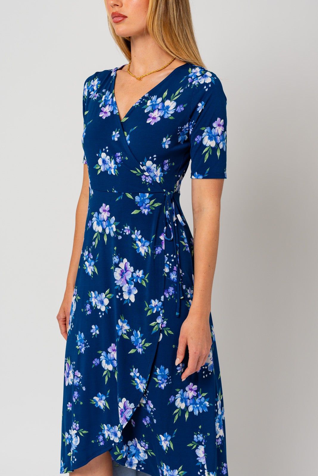 Navy Floral Short Sleeve Wrap Dress sold by Pinkblush product image thumbnail 4