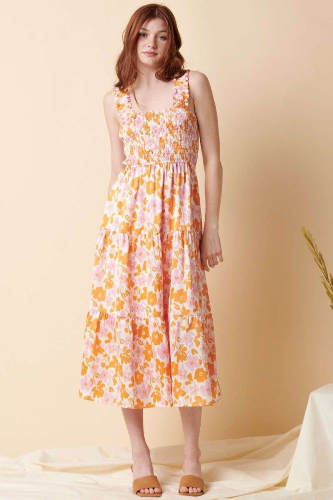 Pink Combo Flower Print Smocking Detail Midi Dress sold by Pinkblush