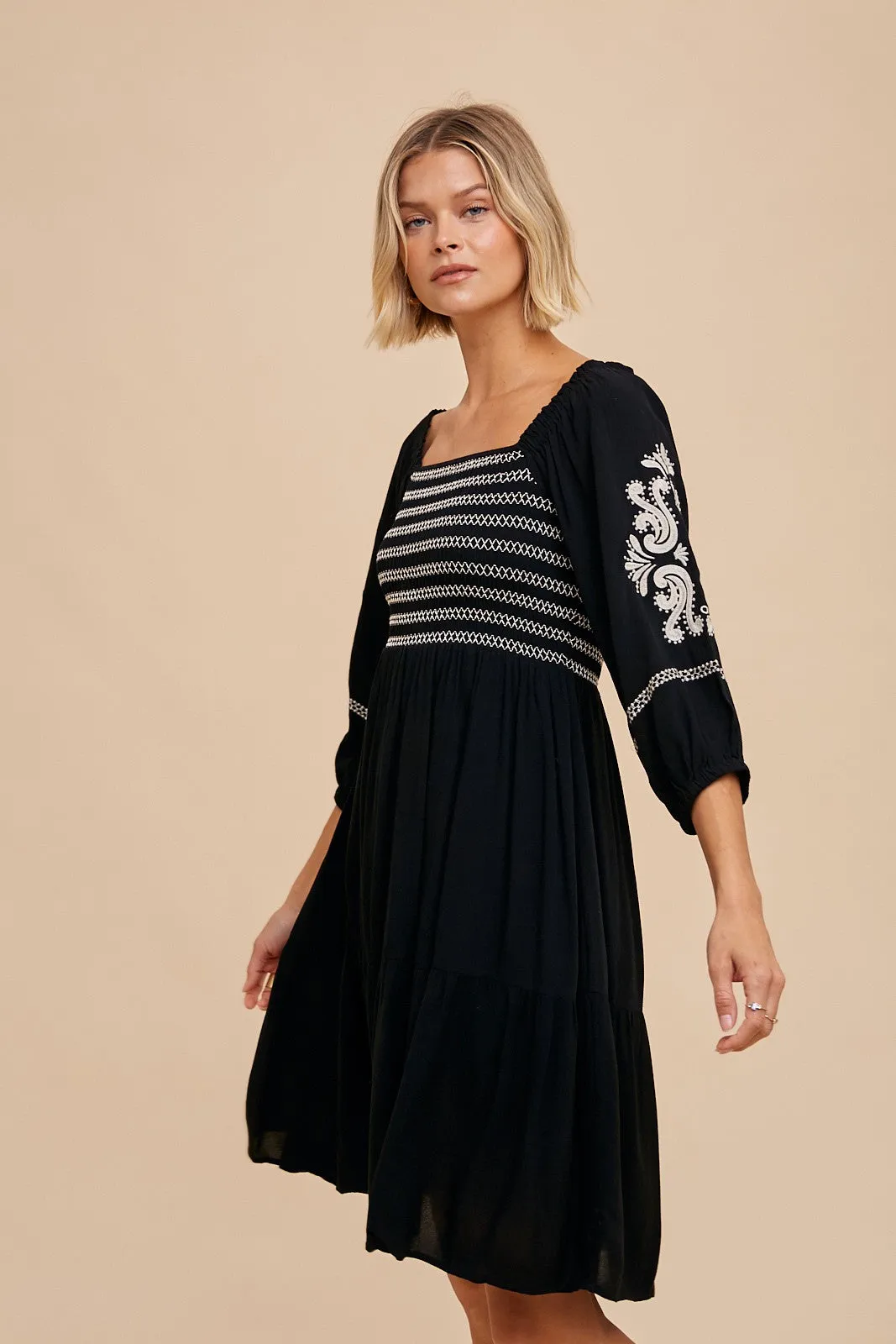 Black Smocked Embroidered Damask Dress sold by Pinkblush product image thumbnail 3
