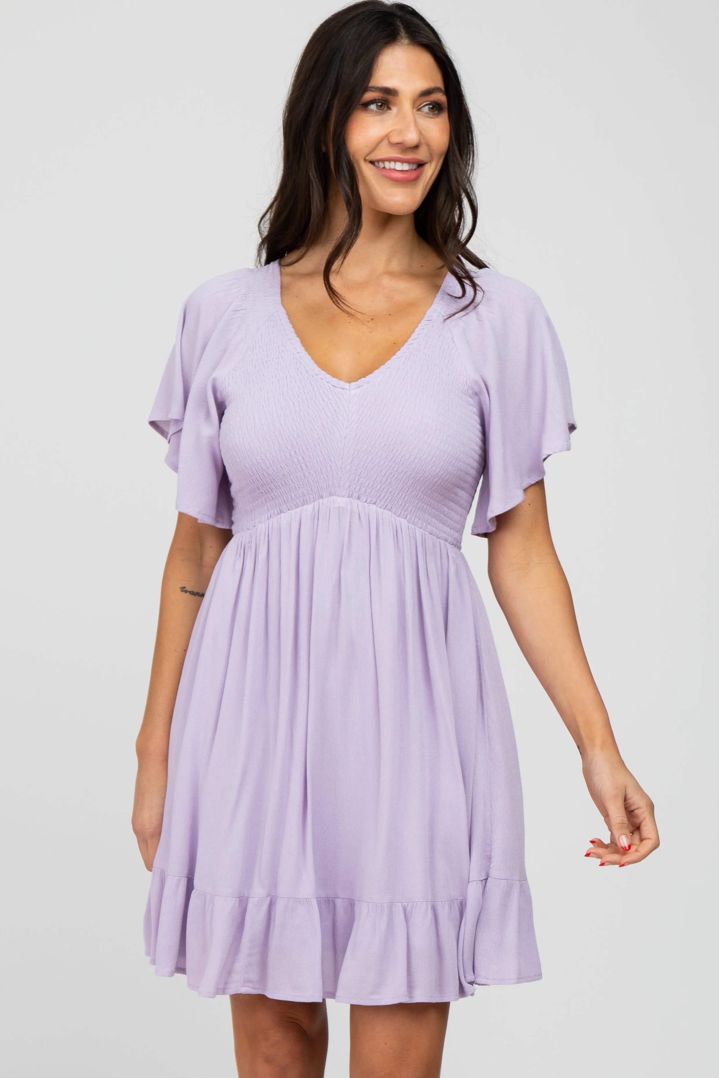 Lavender Smocked Front Ruffle Hem Maternity Dress sold by Pinkblush product image thumbnail 5