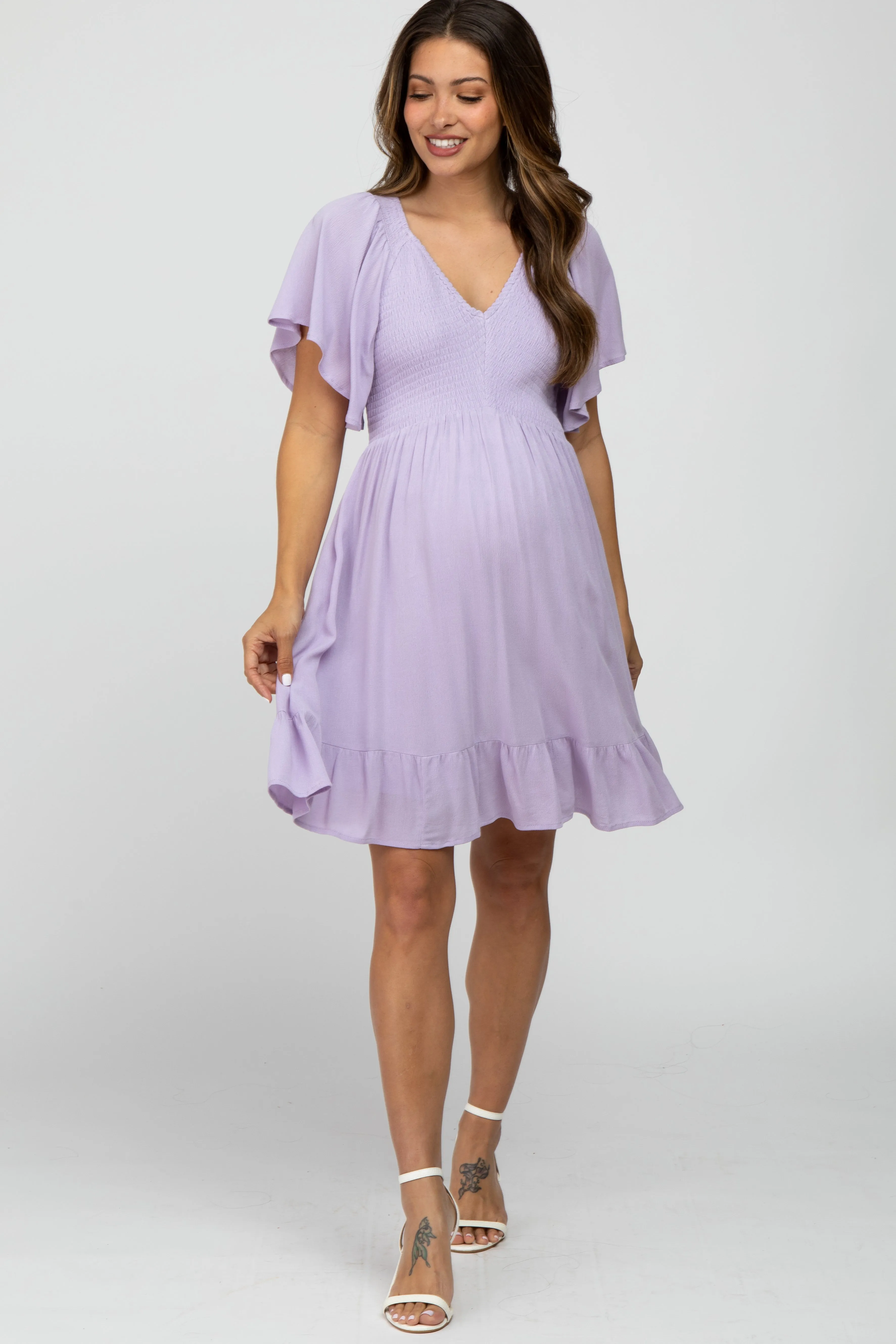 Lavender Smocked Front Ruffle Hem Maternity Dress sold by Pinkblush product image thumbnail 2