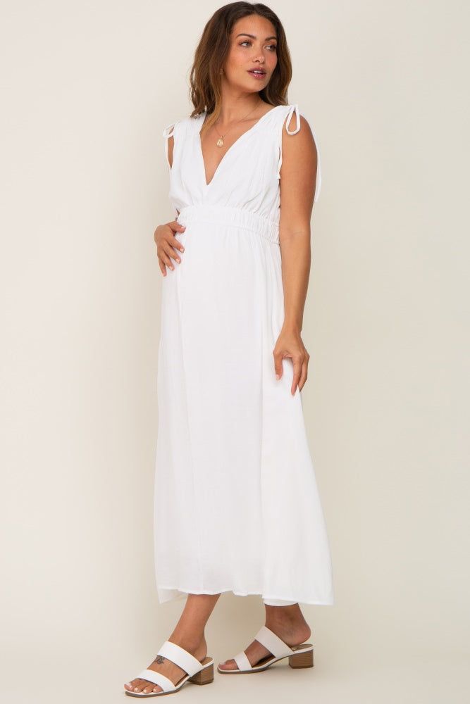 White V-Neck Drawstring Shoulder Maternity Midi Dress sold by Pinkblush product image thumbnail 4