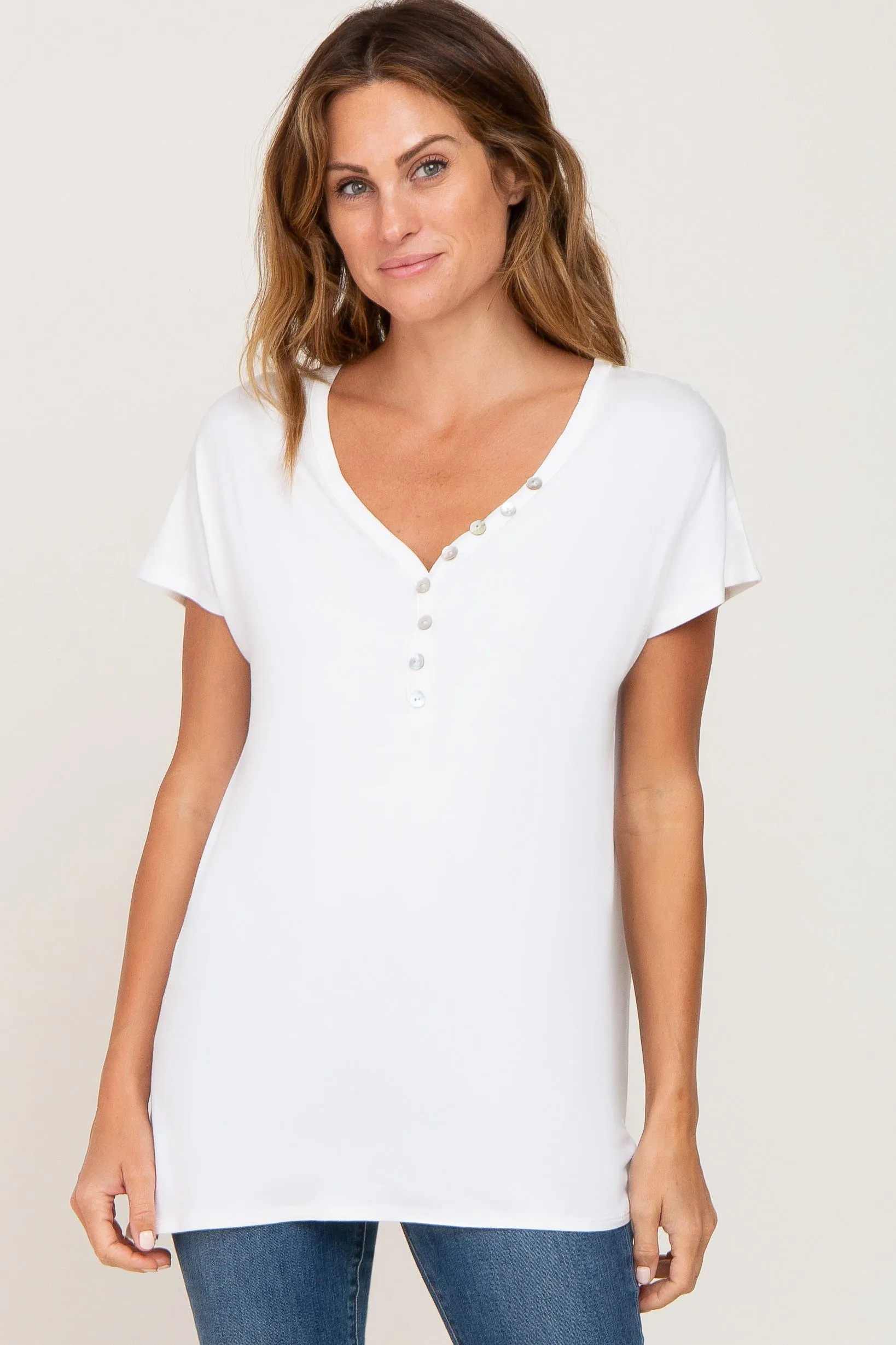Ivory Button V-Neck Short Sleeve Top sold by Pinkblush