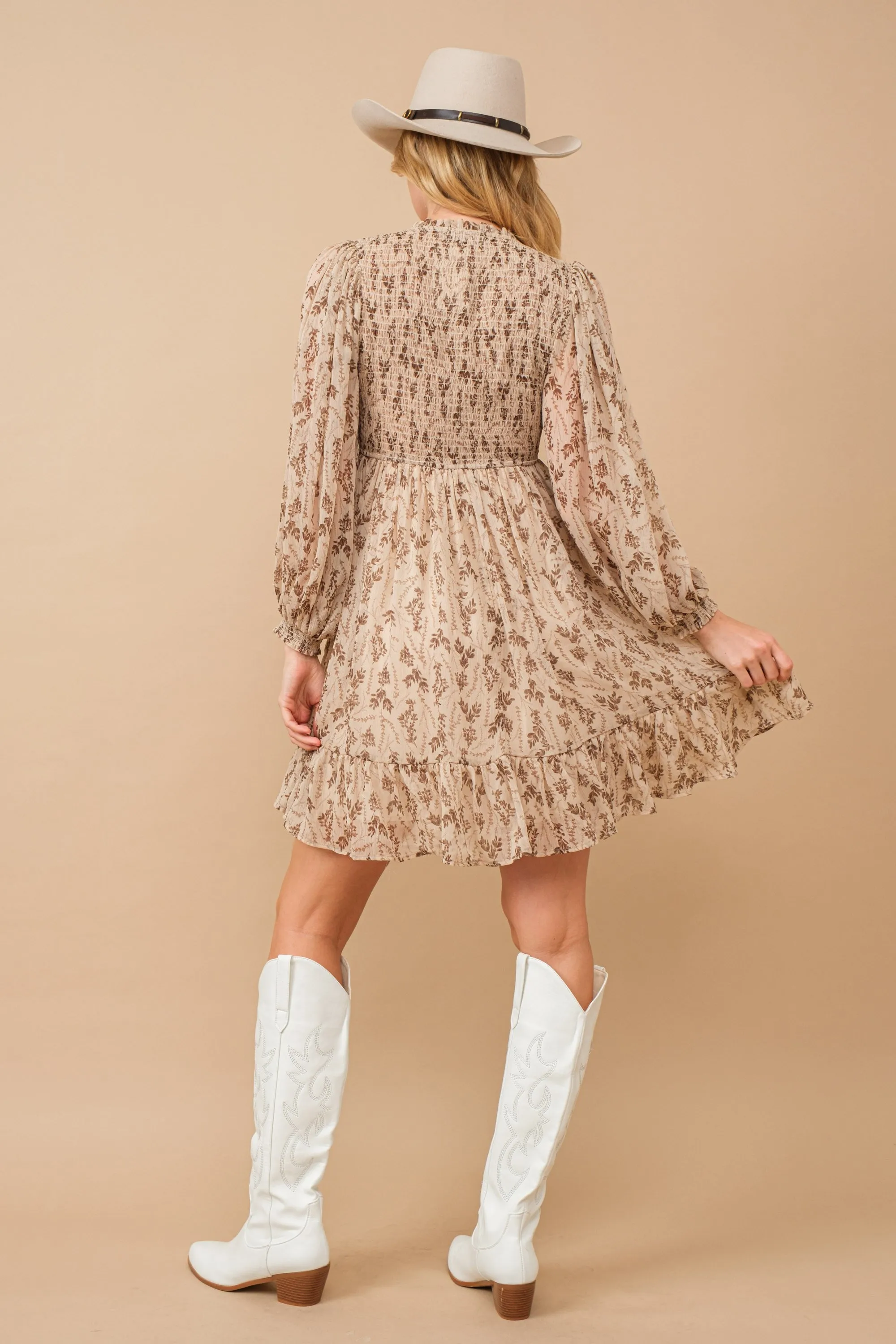 Taupe Floral Smocked Long Sleeve Dress sold by Pinkblush product image thumbnail 3