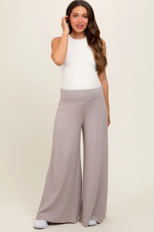 Grey Ribbed Foldover Waist Maternity Wide Leg Pants sold by Pinkblush