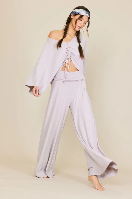 Grey Ribbed Foldover Waist Wide Leg Pants sold by Pinkblush