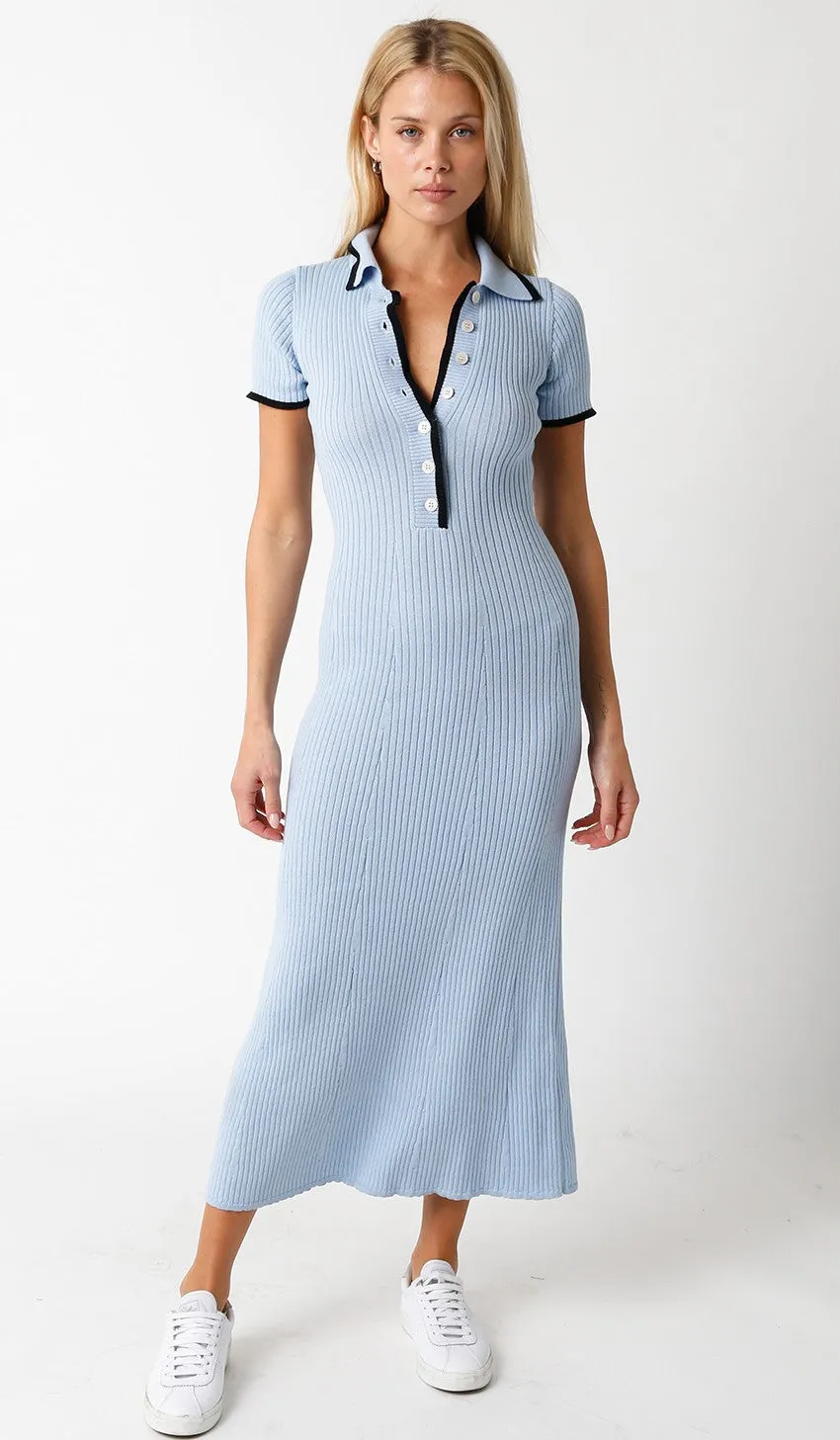 Light Blue Ribbed Knit Collared Button Front Dress sold by Pinkblush