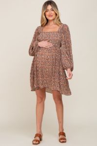 Mocha Floral Pleated Maternity Dress sold by Pinkblush