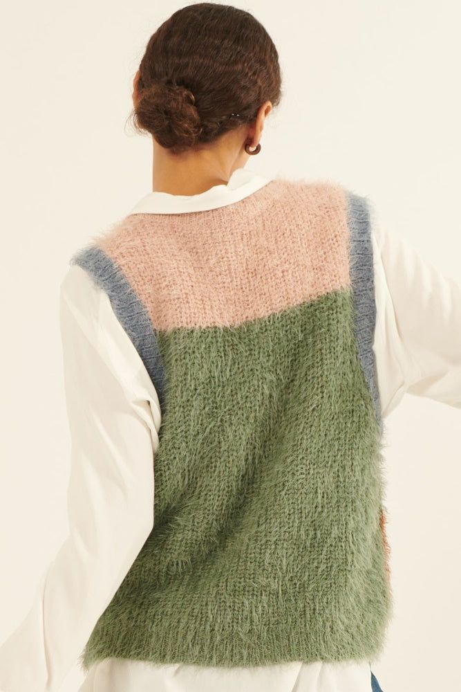 Green Brown Furry Knit Colorblock Sweater Vest sold by Pinkblush product image thumbnail 3