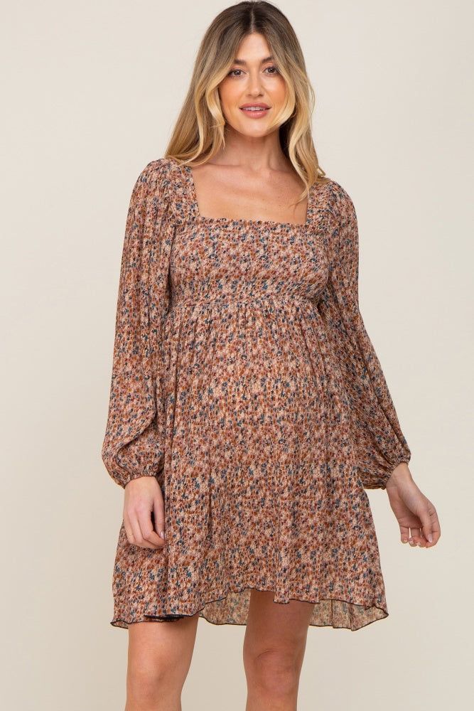 Mocha Floral Pleated Maternity Dress sold by Pinkblush