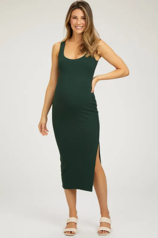 Forest Green Ribbed Knit Sleeveless Side Slit Maternity Dress sold by Pinkblush