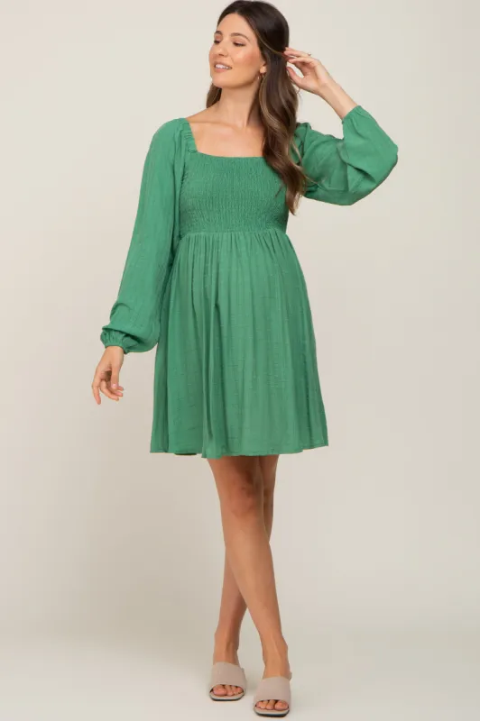 Green Smocked Long Sleeve Maternity Dress sold by Pinkblush