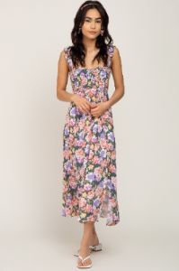 Forest Green Multi-Colored Floral Smocked Midi Dress sold by Pinkblush