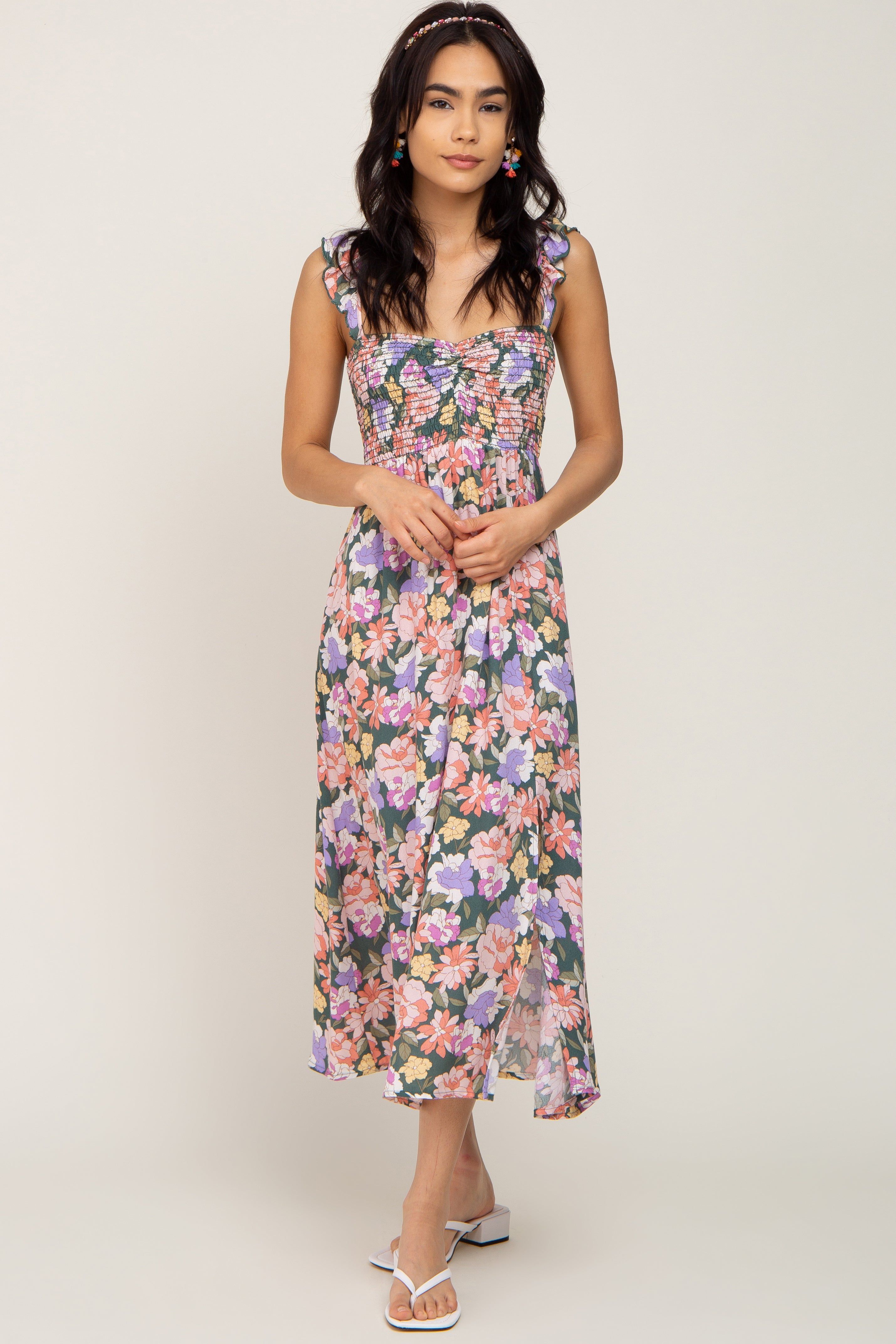 Forest Green Multi-Colored Floral Smocked Midi Dress sold by Pinkblush product image thumbnail 6