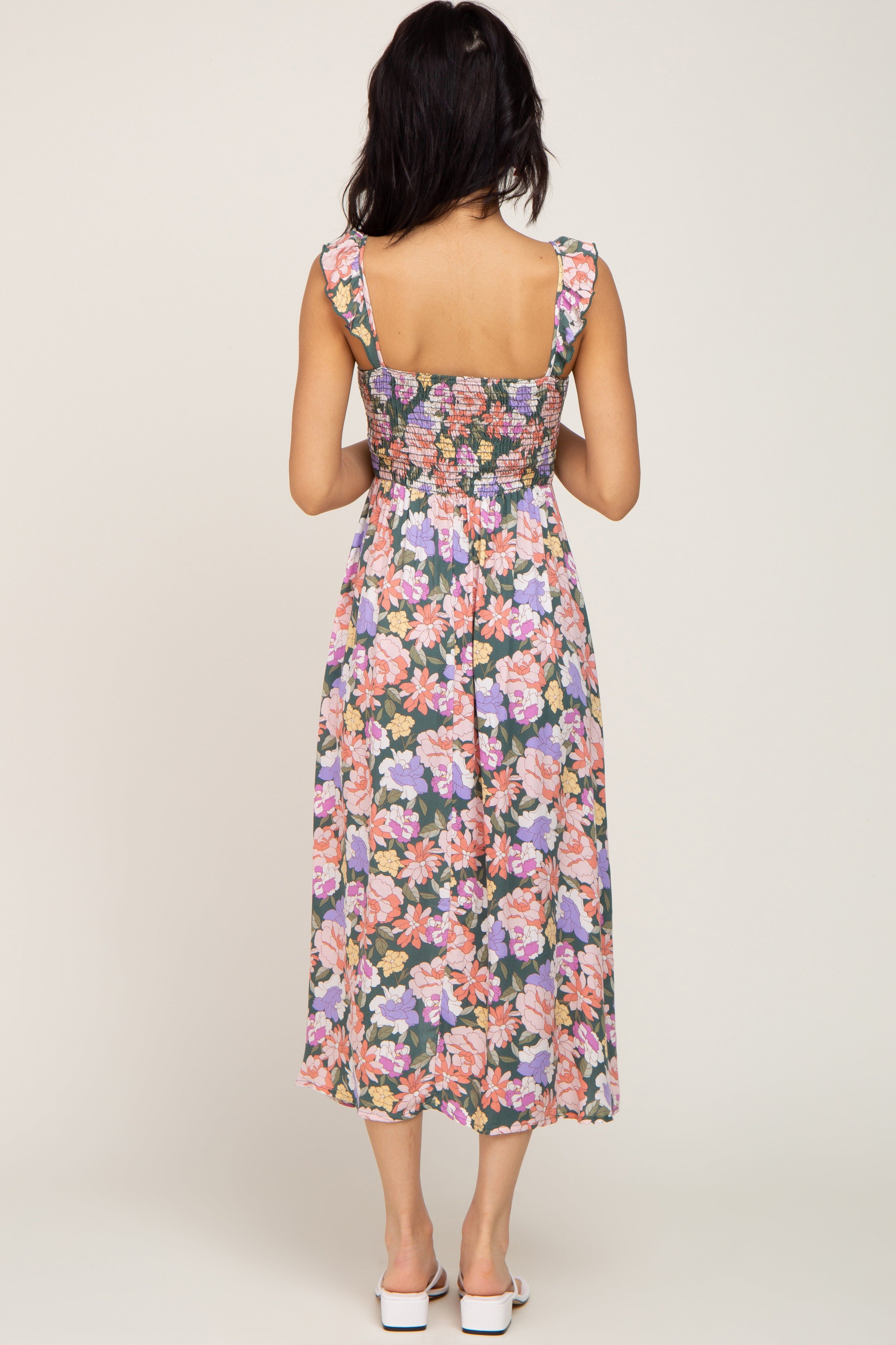 Forest Green Multi-Colored Floral Smocked Midi Dress sold by Pinkblush product image thumbnail 3
