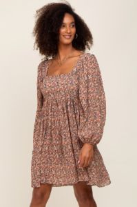 Mocha Floral Pleated Maternity Dress sold by Pinkblush