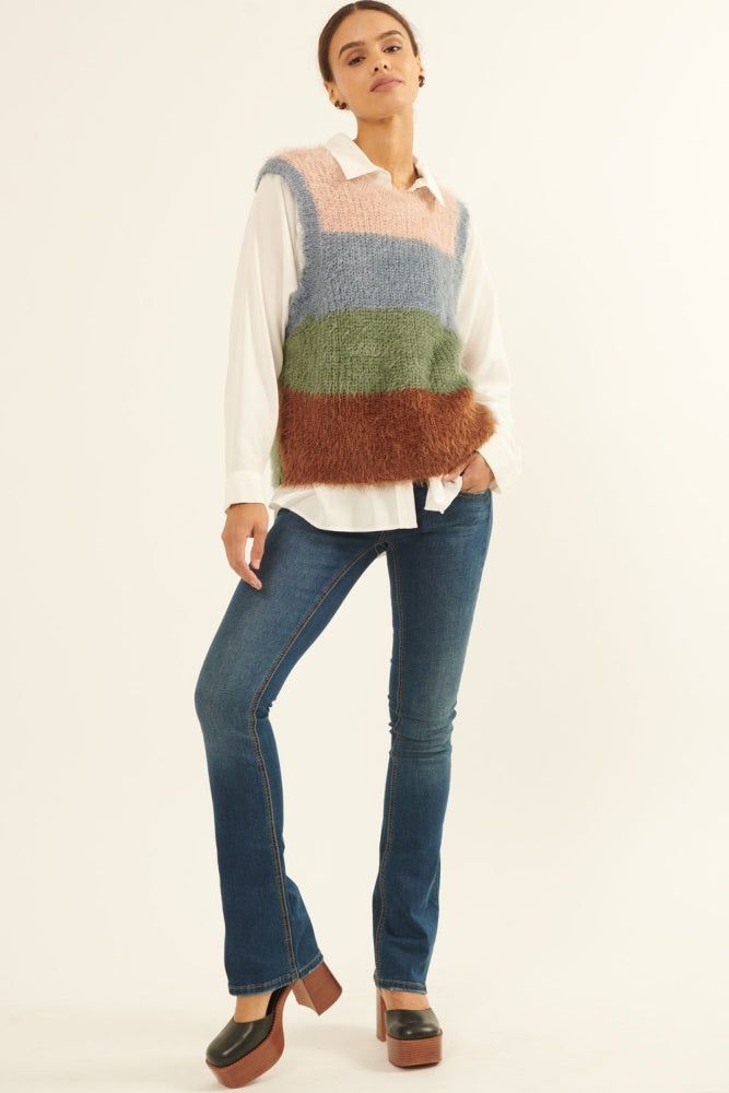 Green Brown Furry Knit Colorblock Sweater Vest sold by Pinkblush product image thumbnail 4