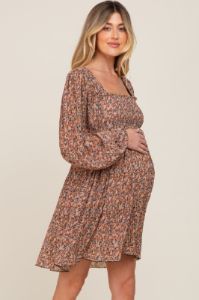 Mocha Floral Pleated Maternity Dress sold by Pinkblush