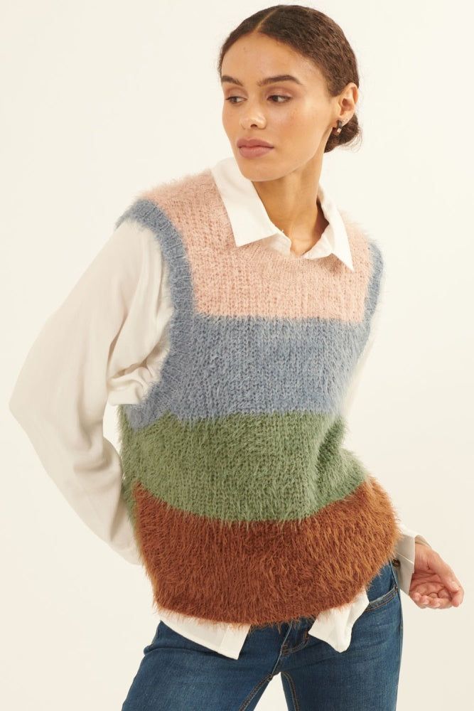 Green Brown Furry Knit Colorblock Sweater Vest sold by Pinkblush