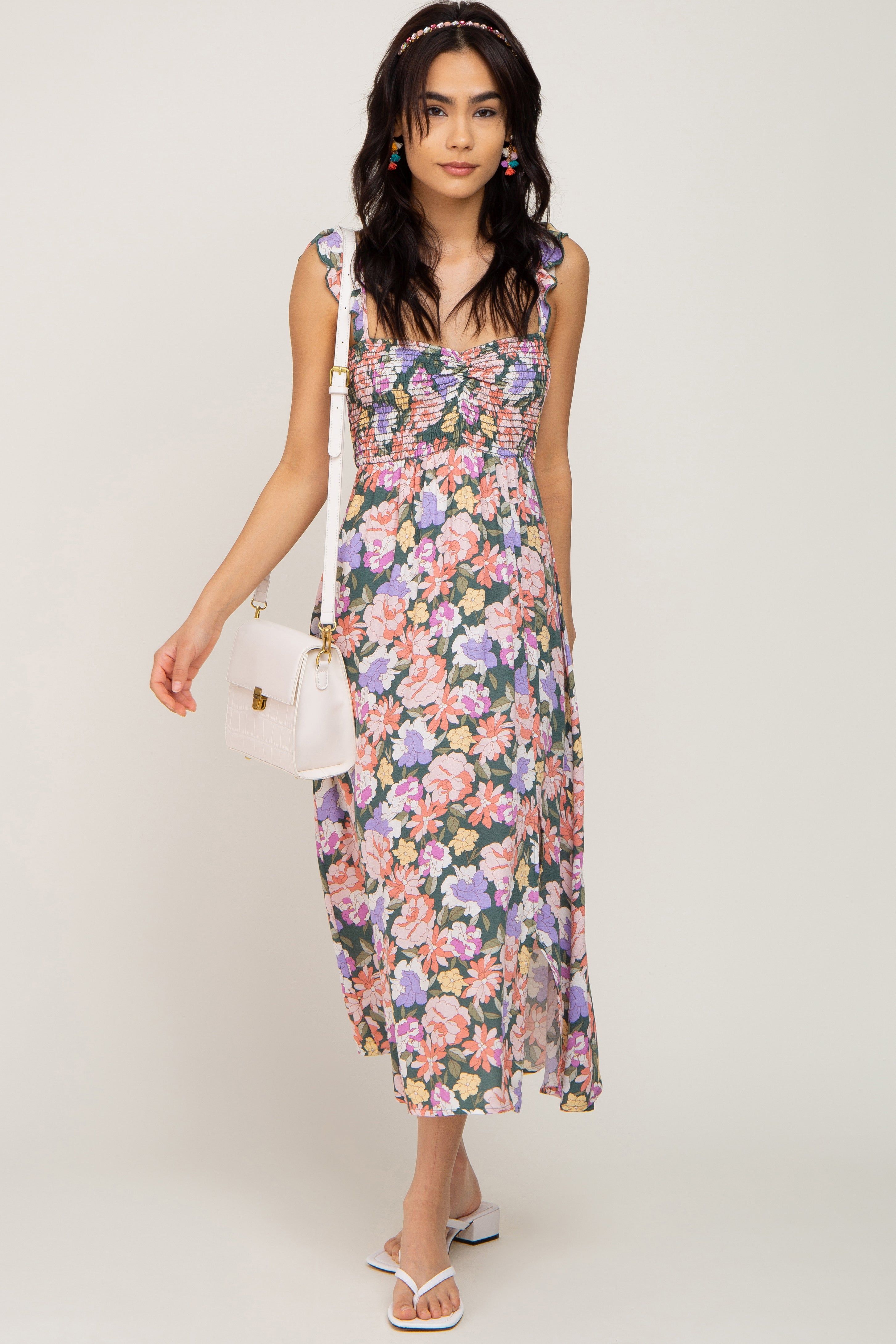 Forest Green Multi-Colored Floral Smocked Midi Dress sold by Pinkblush