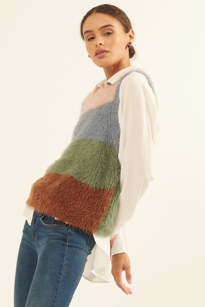 Green Brown Furry Knit Colorblock Sweater Vest sold by Pinkblush product image thumbnail 2
