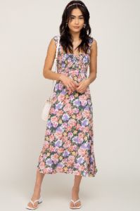 Forest Green Multi-Colored Floral Smocked Midi Dress sold by Pinkblush